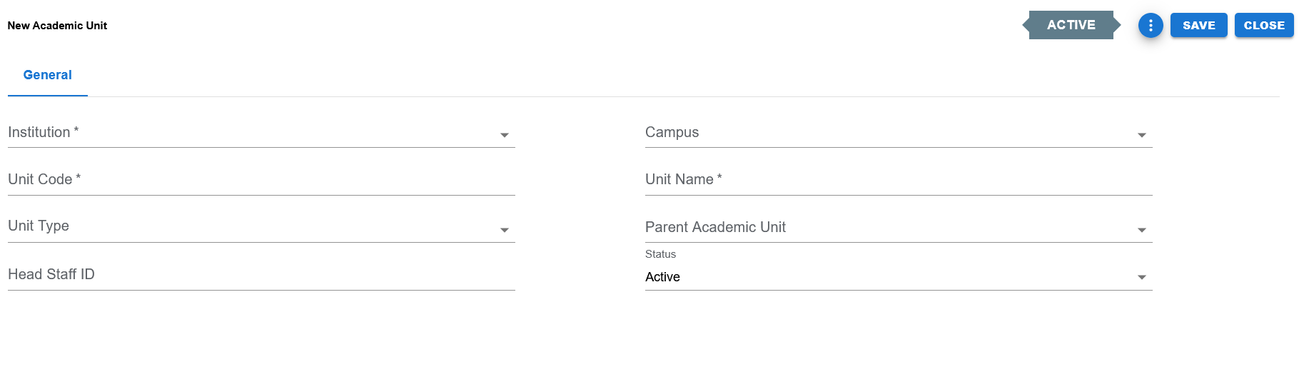 Academic Unit create page