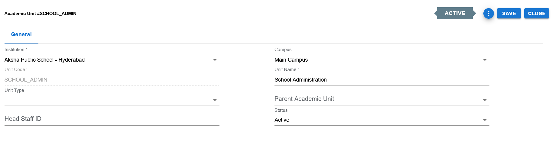 Academic Unit filled edit page