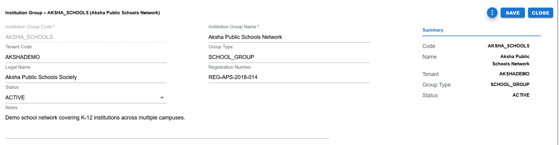Institution Group filled edit page